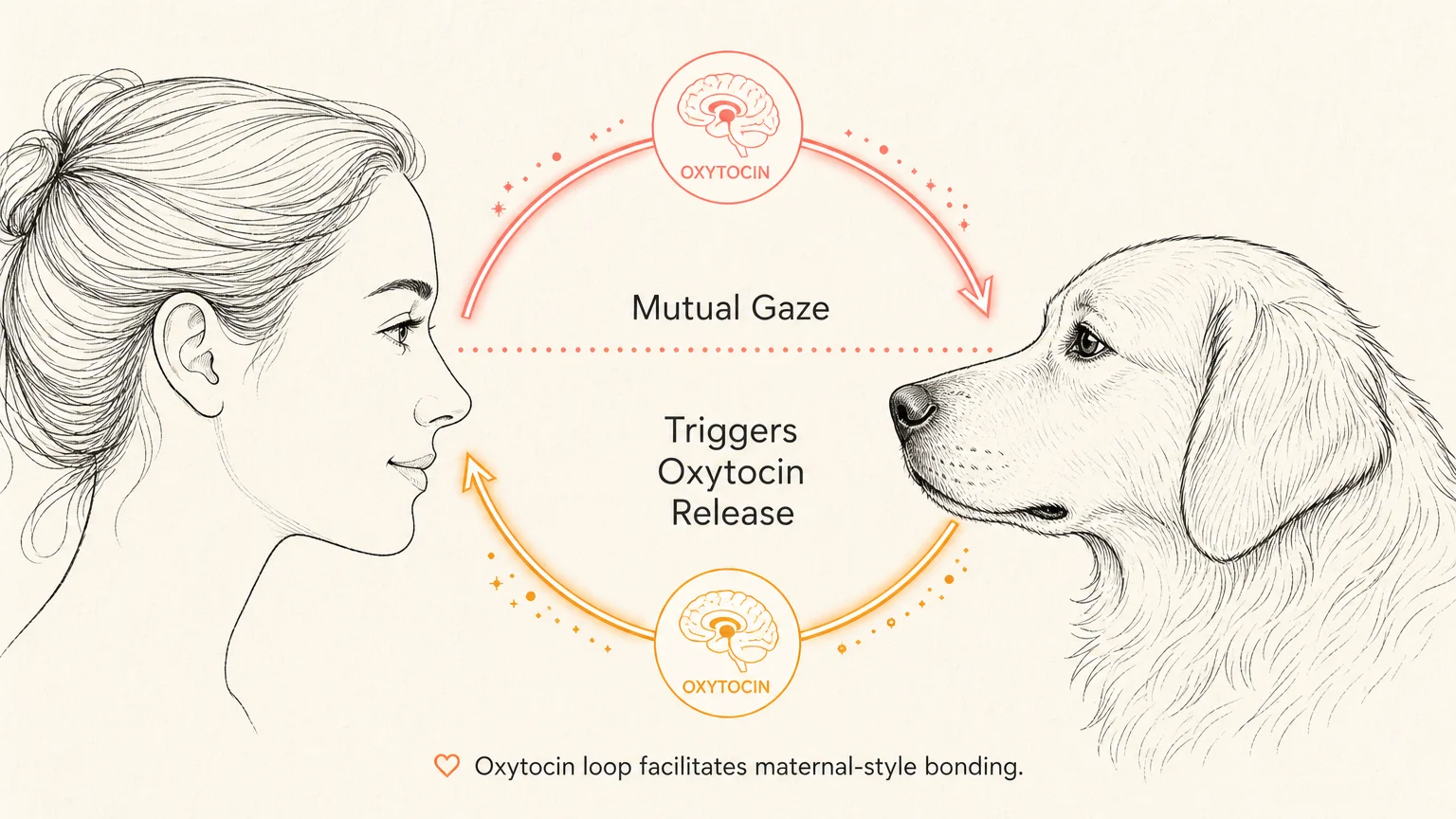 A clean, warm-toned scientific diagram illustrating how mutual eye contact between a human and a dog triggers a shared oxytocin loop.
