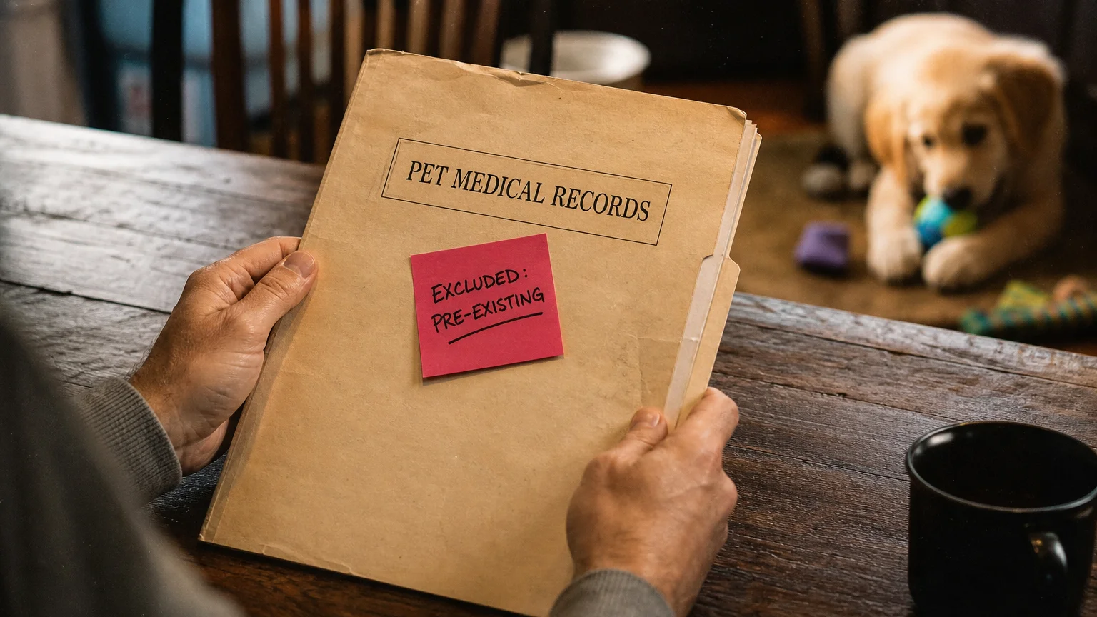 A close-up of hands holding a pet medical folder with a sticky note reading Excluded: Pre-existing.