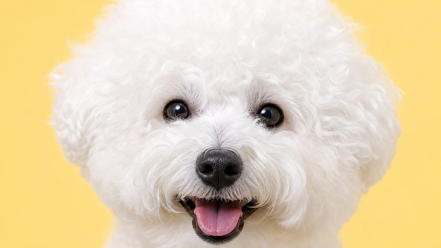 A close-up photo of a Bichon Frise's face, highlighting its black eyes and fluffy white curls against a yellow background.