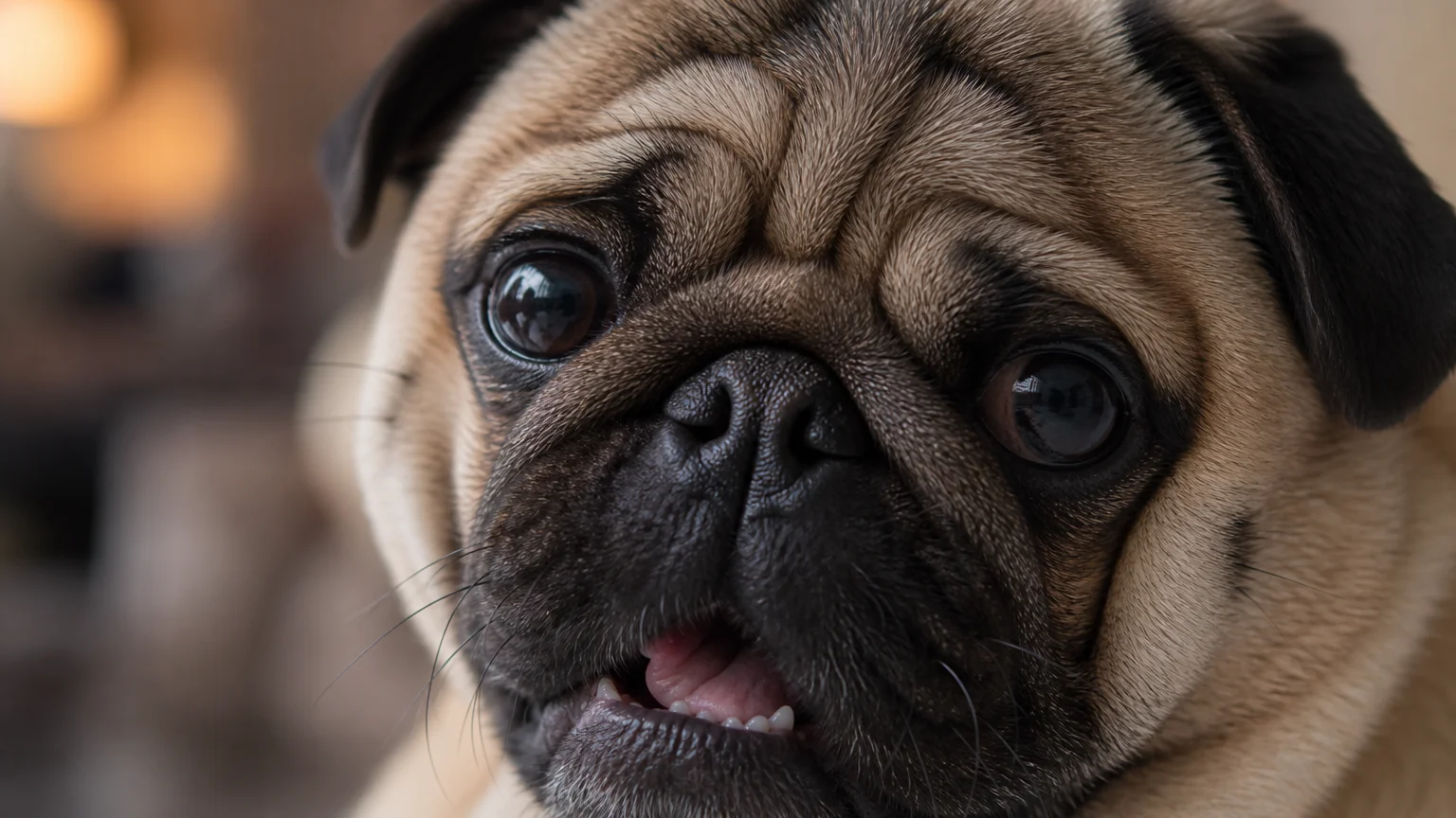 A close-up photo of a Pug's wrinkled face as it makes a 'grumbling' expression.