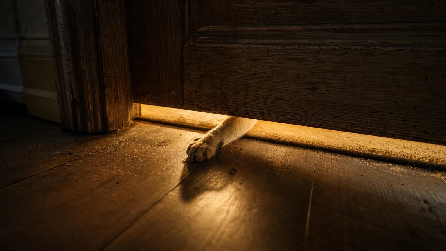 A close-up photograph of a closed wooden door with a Siamese cat's paw reaching under the gap from the light outside.
