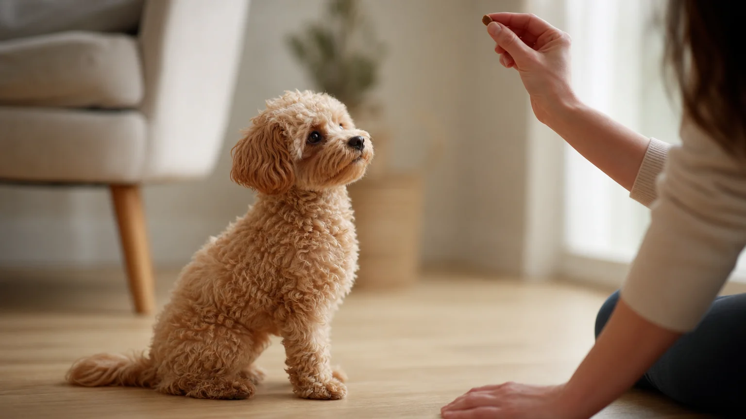 A close-up photograph of a small apricot Toy Poodle sitting attentively during a positive reinforcement training session.