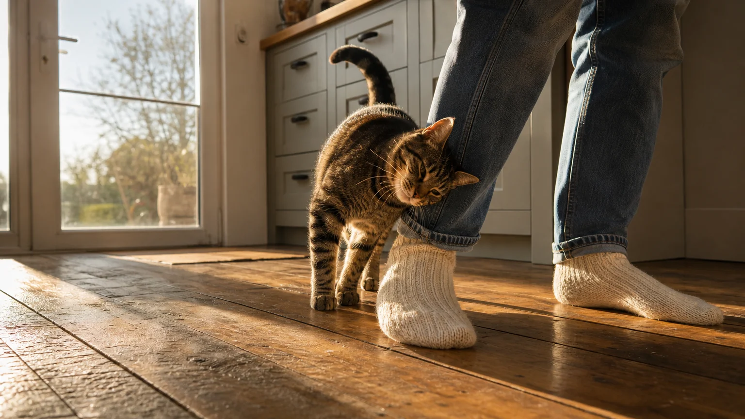 A close-up photograph of a tabby cat rubbing its cheek against the ankle of a person wearing cozy knit socks in a sunlit kitchen.