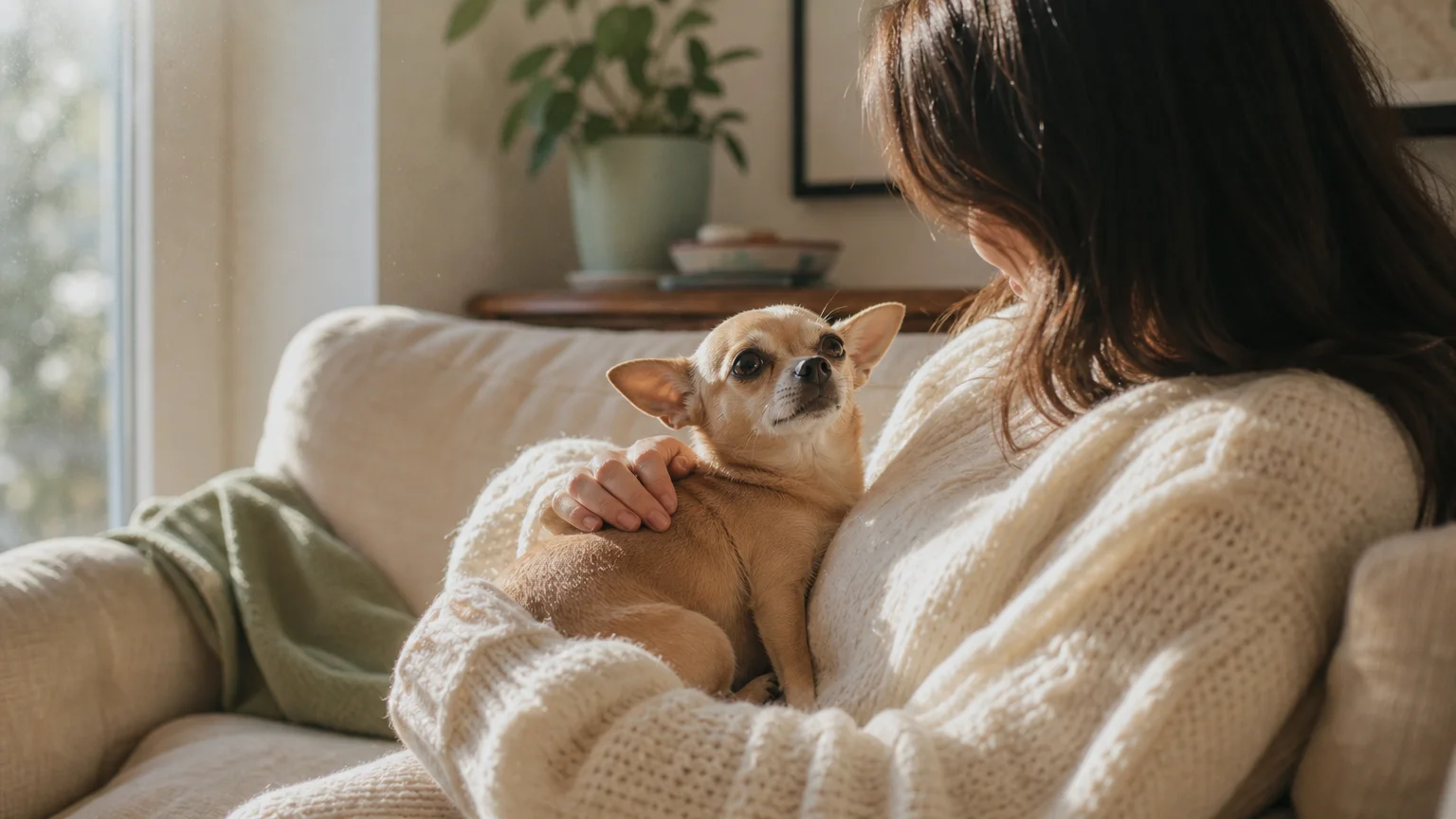 A close-up photograph of a tiny tan Chihuahua sitting on its owner's lap on a cozy cream sofa in a sunlit living room.