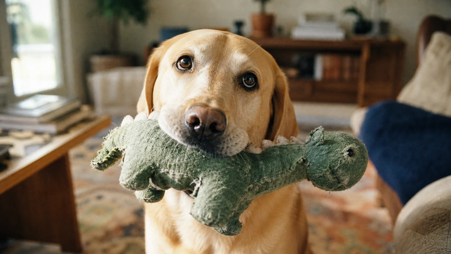 A close-up photograph of a yellow Labrador proudly holding a worn green plush toy in its mouth, shot on 35mm film.