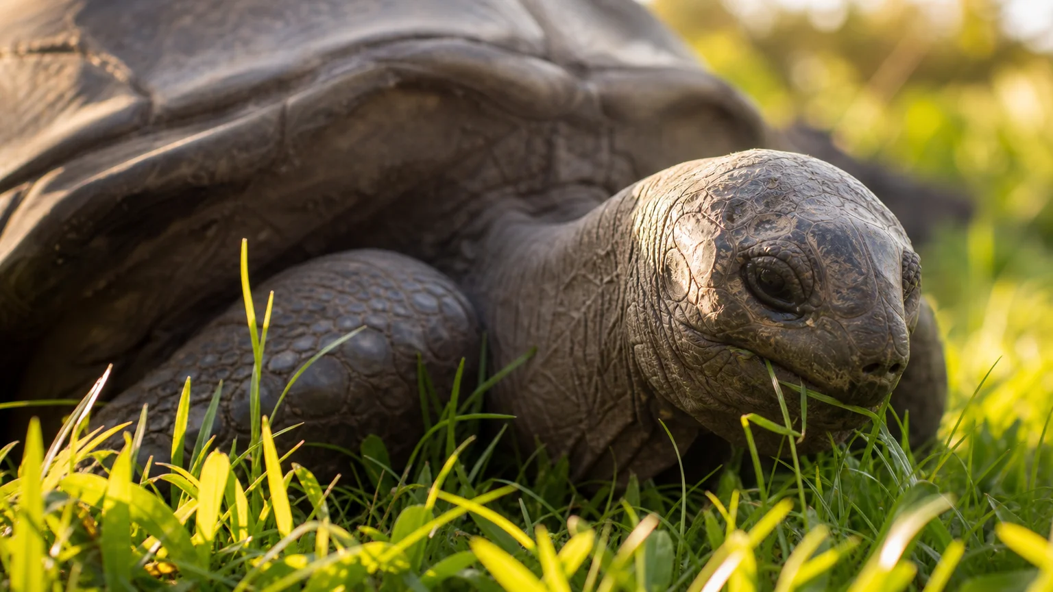 A close-up photograph of an ancient giant tortoise grazing in lush green grass under warm, golden afternoon sunlight.