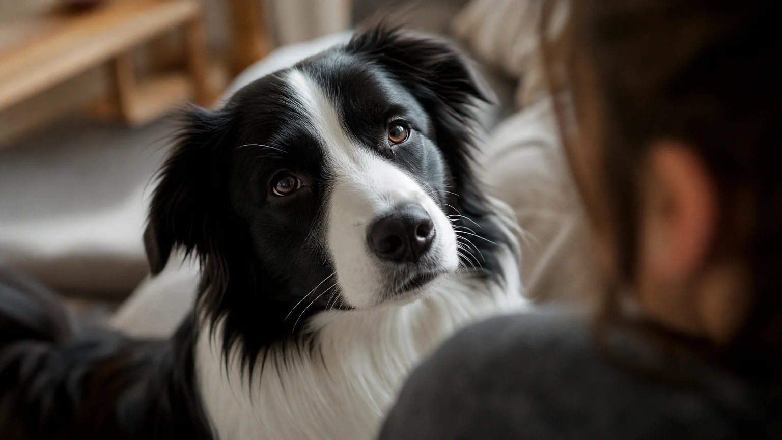 A close-up portrait of a Border Collie looking up with a soft, relaxed gaze, showing deep trust and connection.