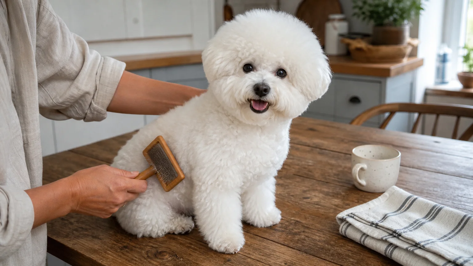 A close-up shot of a fluffy white Bichon Frise being gently brushed on a wooden table.