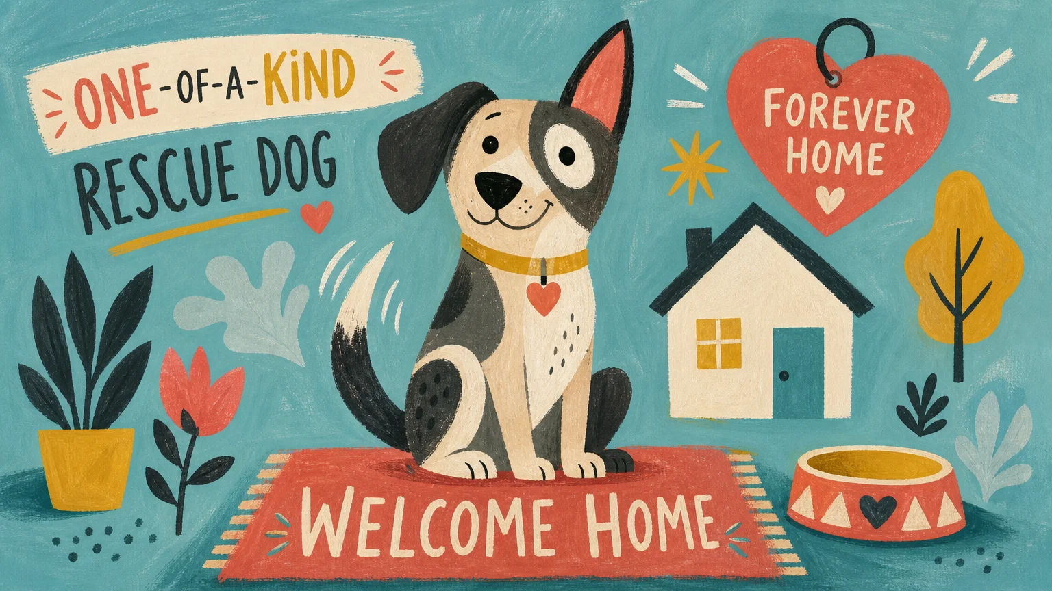 A colorful gouache illustration of a unique mixed-breed dog sitting on a 'Welcome Home' mat.