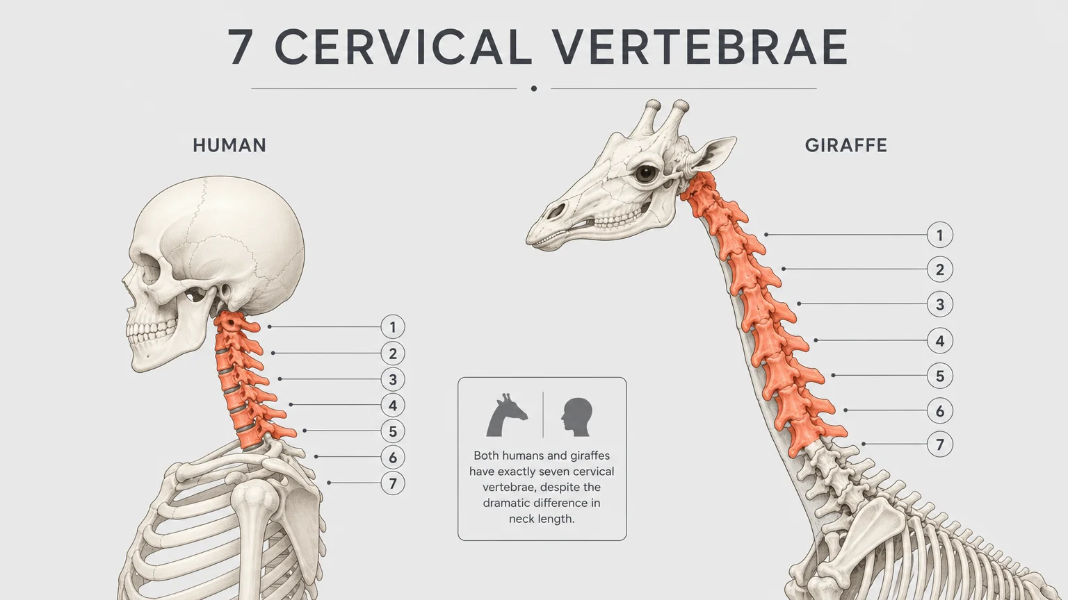 A comparative anatomical diagram showing that both humans and giraffes have exactly seven cervical vertebrae in their necks.