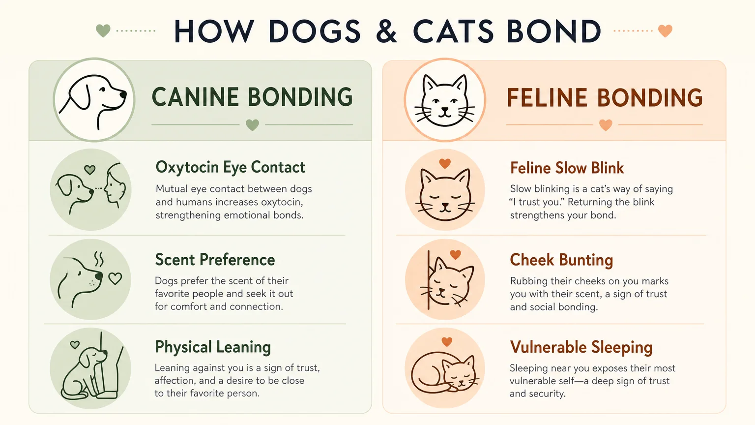 A comparative diagram comparing the distinct bonding behaviors of dogs and cats side-by-side.