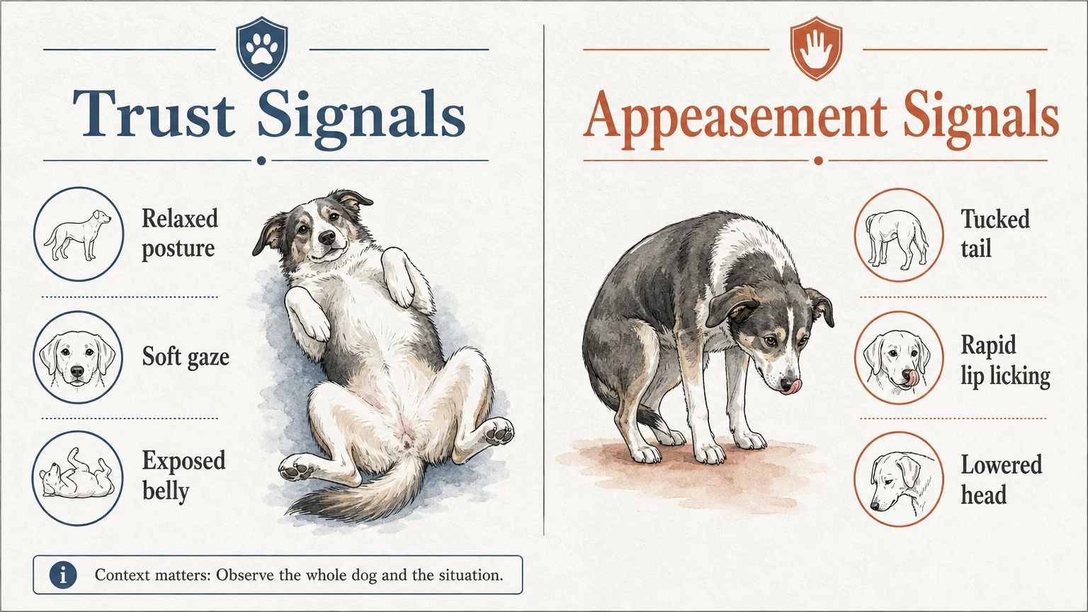 A comparative diagram showing the difference between relaxed trust signals and anxious appeasement signals in dogs.