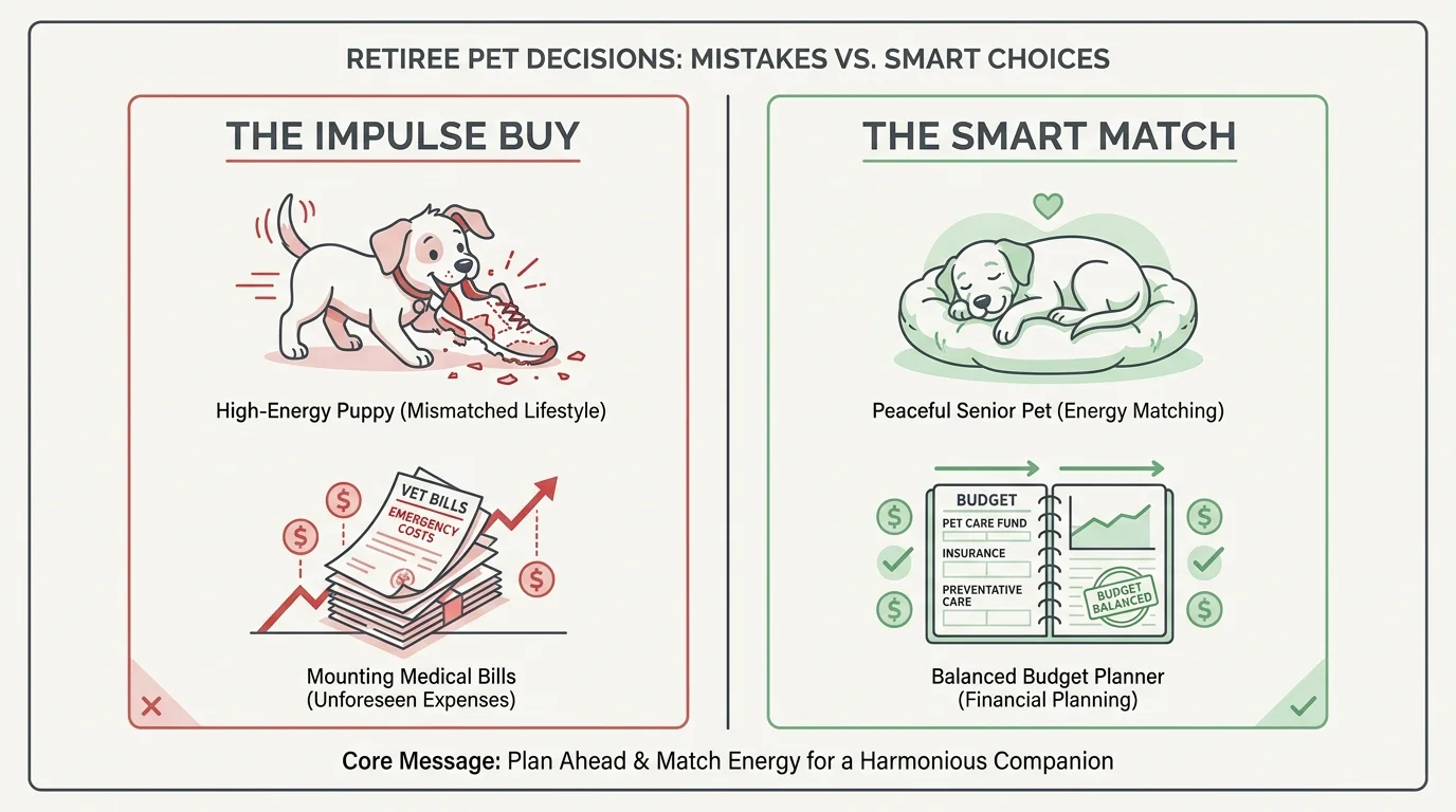 A comparison diagram showing the contrast between impulse pet buying (puppy chewing, high bills) versus smart pet matching (calm senior pet,