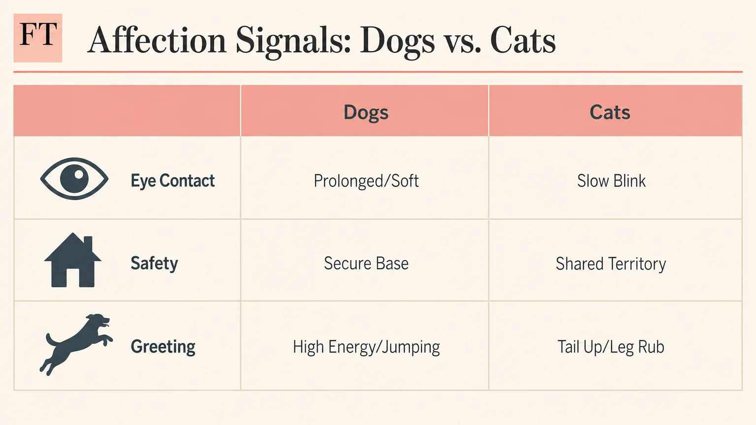 A comparison infographic showing the different ways dogs and cats express affection based on the article's points.