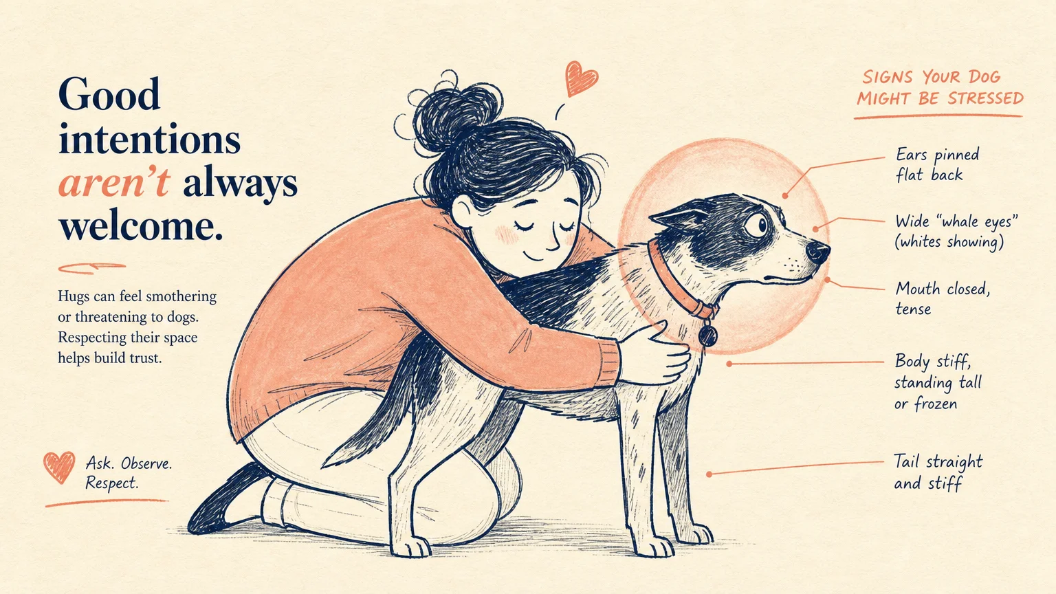 A conceptual watercolor illustration of a person hugging a stiff, stressed dog, demonstrating a common body language misunderstanding.