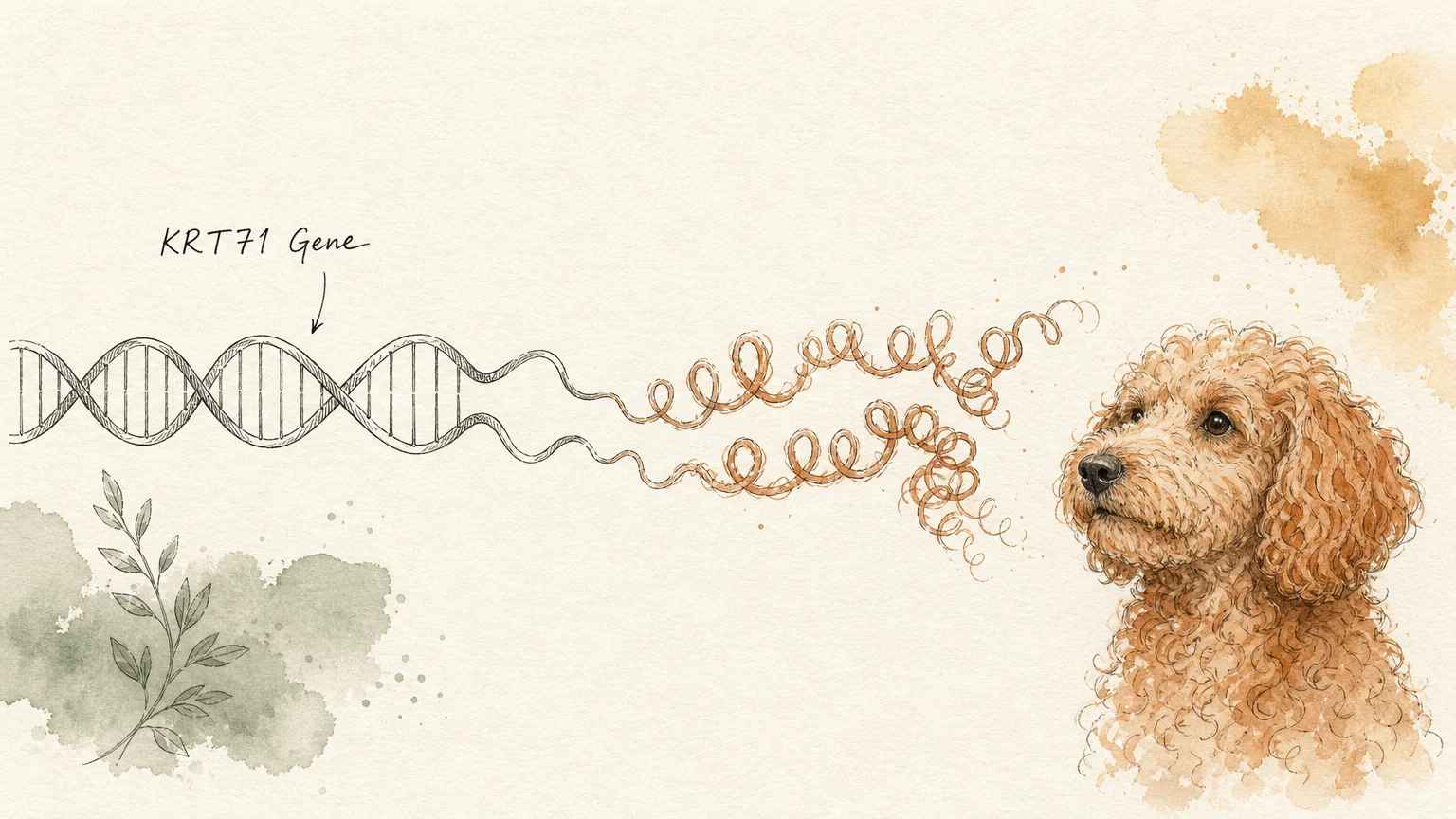A conceptual watercolor illustration showing a DNA strand transforming into curly dog hair loops, labeled KRT71 Gene.