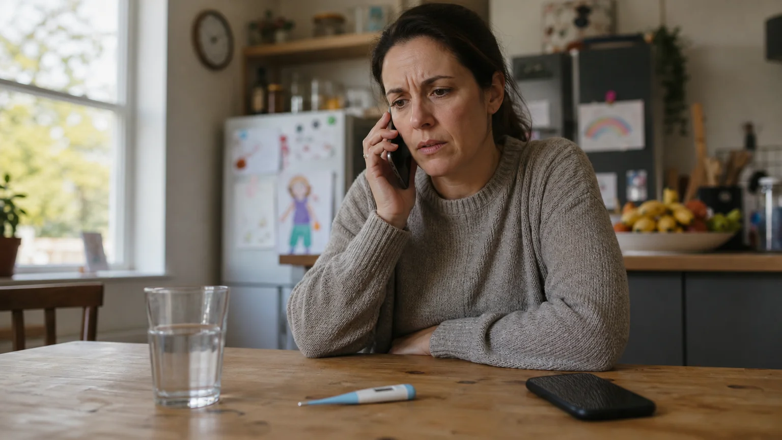 A concerned parent at a kitchen table with a thermometer and phone, in a blurred kitchen setting.