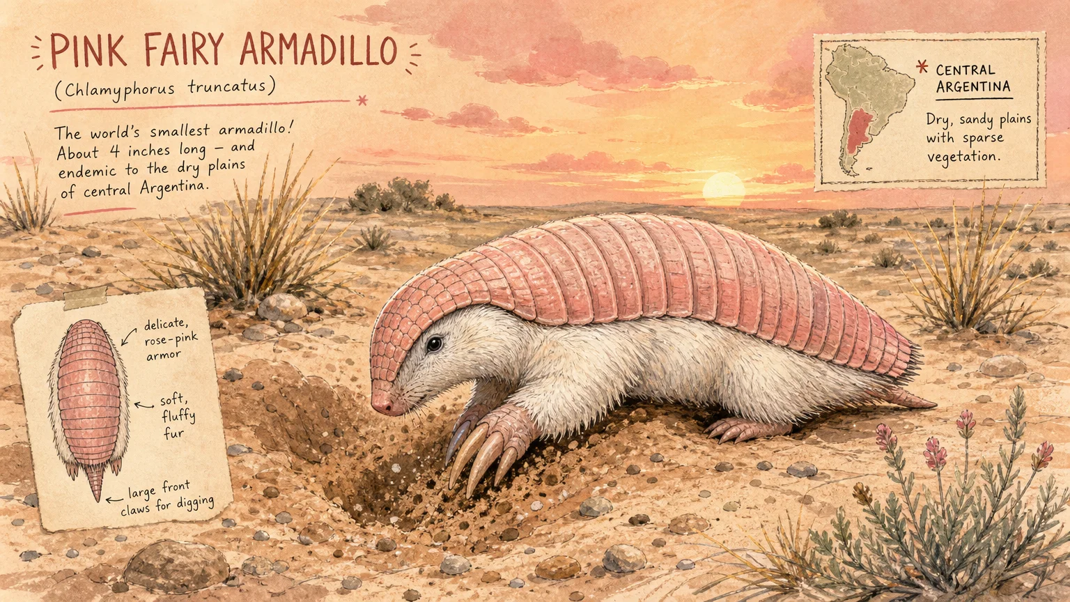 A cozy gouache illustration of a tiny pink fairy armadillo with white fur and a pink shell digging in soft peach-colored sand.