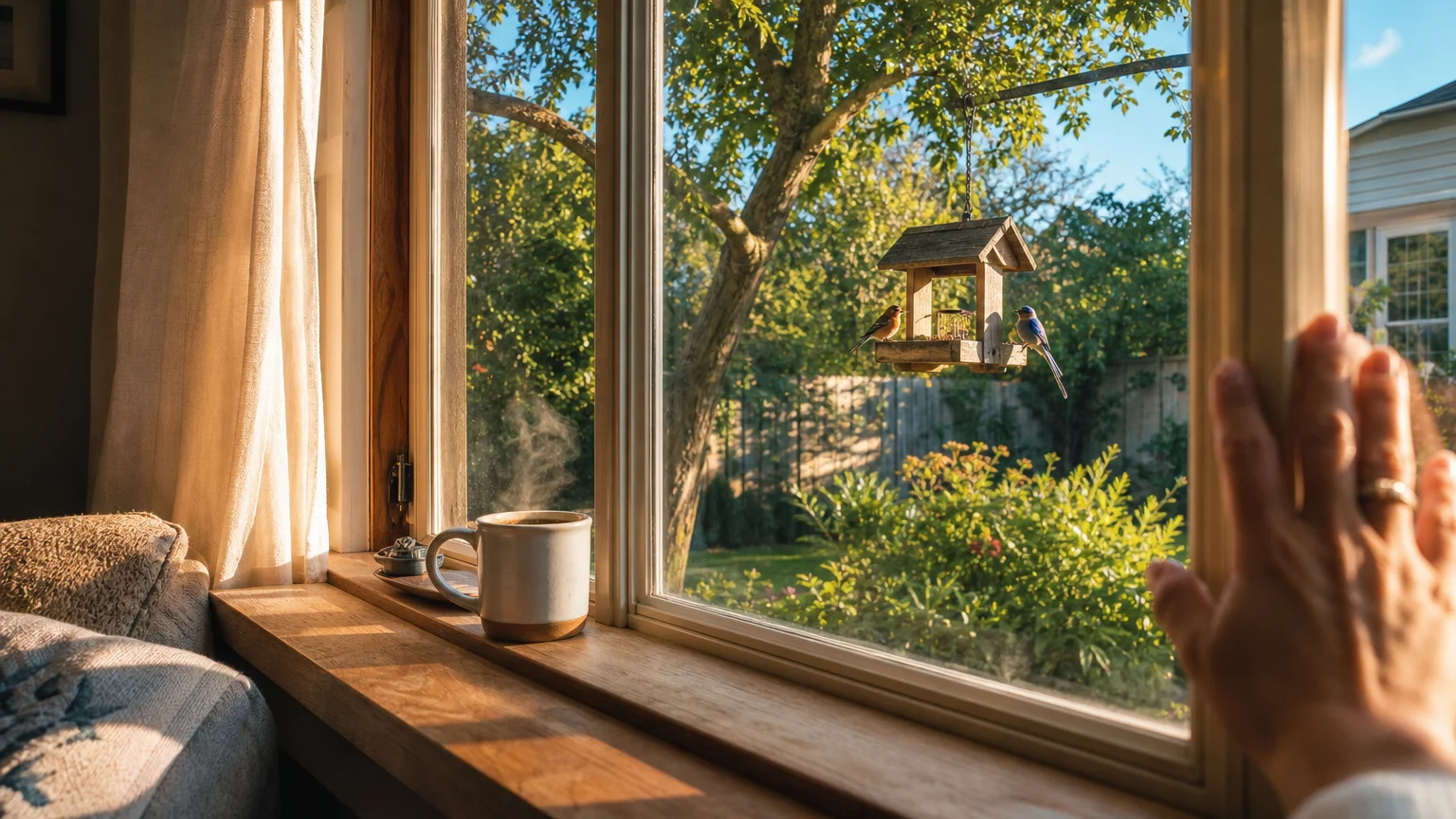 A cozy indoor view looking through a sunlit window at a bird feeder in a backyard, with a coffee mug on the sill.