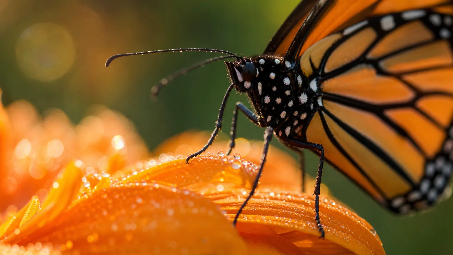 A detailed macro photograph of a Monarch butterfly's legs resting on a vibrant orange flower petal.