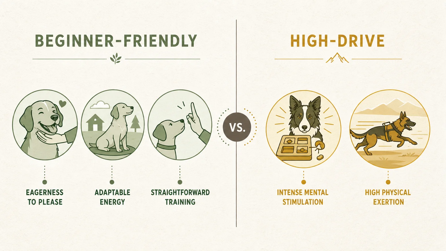 A diagram comparing the traits of beginner-friendly dogs versus high-drive working breeds.