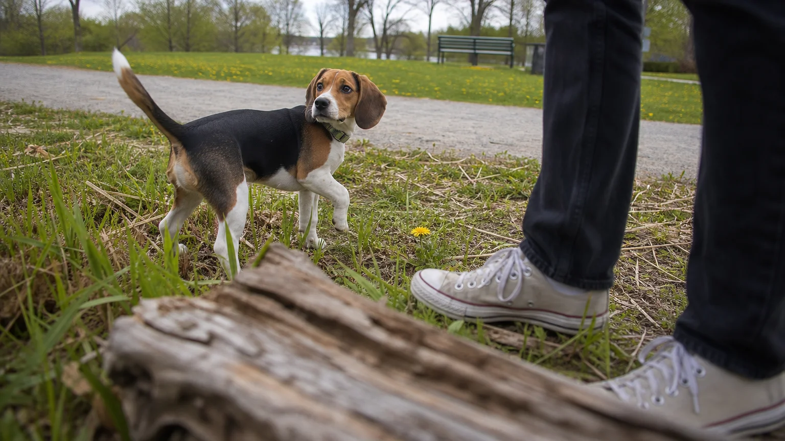 A dog at a park looks back at its owner while exploring, demonstrating the 'secure base' behavior.