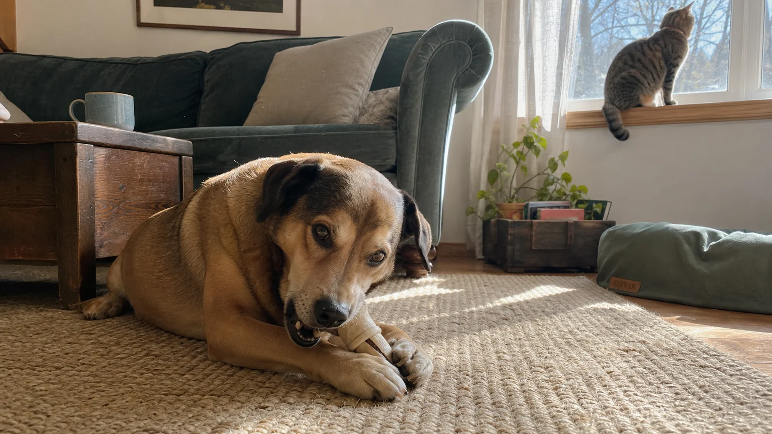 A dog on a rug and a cat on a windowsill in a sunlit, comfortable living room.