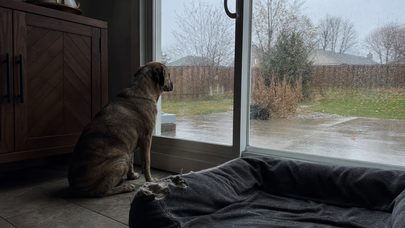 A dog sitting by a window looking out at the rain, suggesting signs of anxiety or stress.