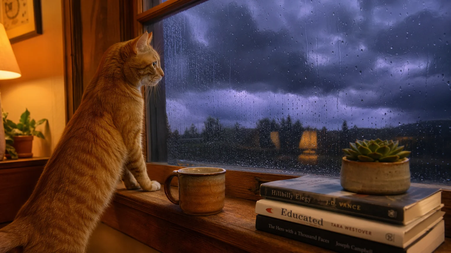 A domestic orange cat stands on a windowsill, staring out at a dark, stormy sky through rain-streaked glass.