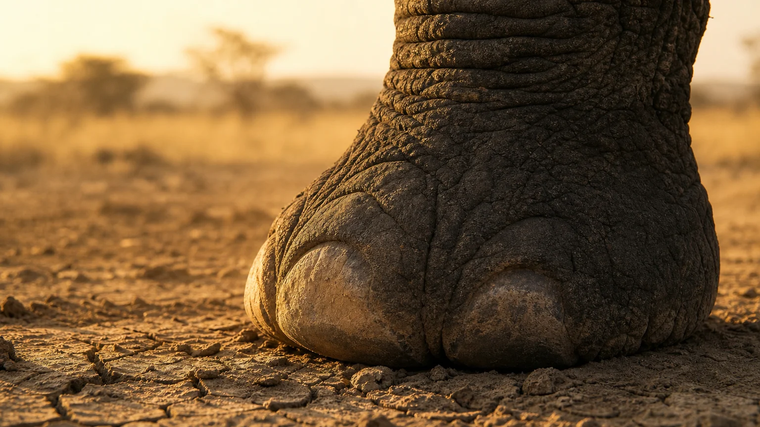 A dramatic, low-angle close-up photograph of an elephant's textured foot pressing into cracked, golden-lit savannah soil.