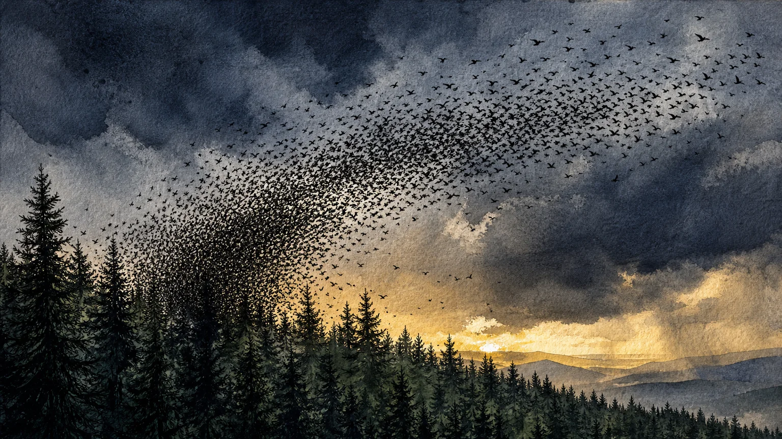 A dramatic watercolor illustration of a massive flock of birds taking flight from a pine forest under a dark, stormy sky.
