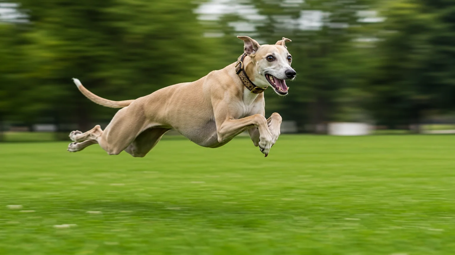 A dynamic action shot of a Whippet sprinting at high speed across a green grassy field, captured mid-air during a 'zoomie' burst.