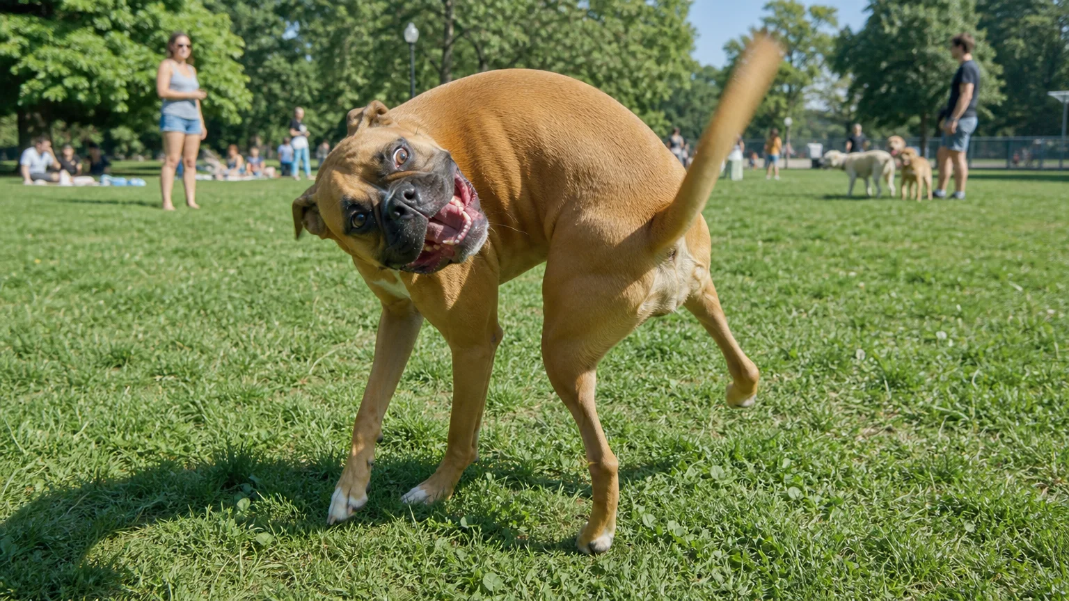A fawn Boxer dog wiggling with excitement in a grassy park.