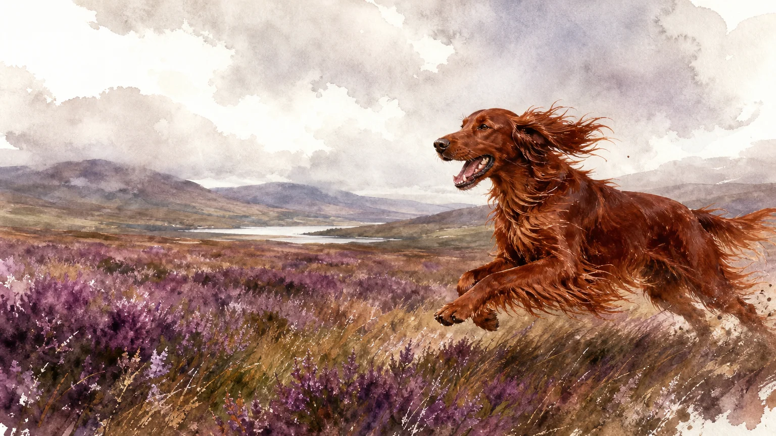 A flowing watercolor painting of an Irish Setter with a mahogany coat running through a purple heather field.
