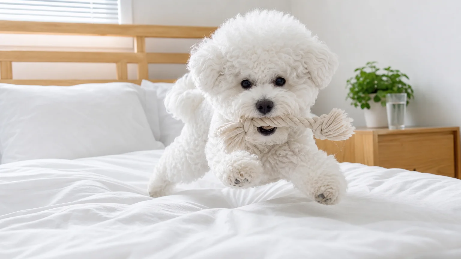 A fluffy white Bichon Frise plays with a rope toy on a white bed duvet.
