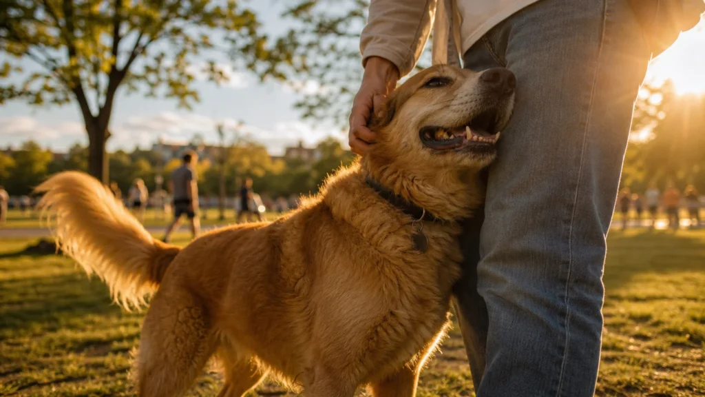 A friendly golden dog happily leans against a person's leg in a sun-drenched park during golden hour.