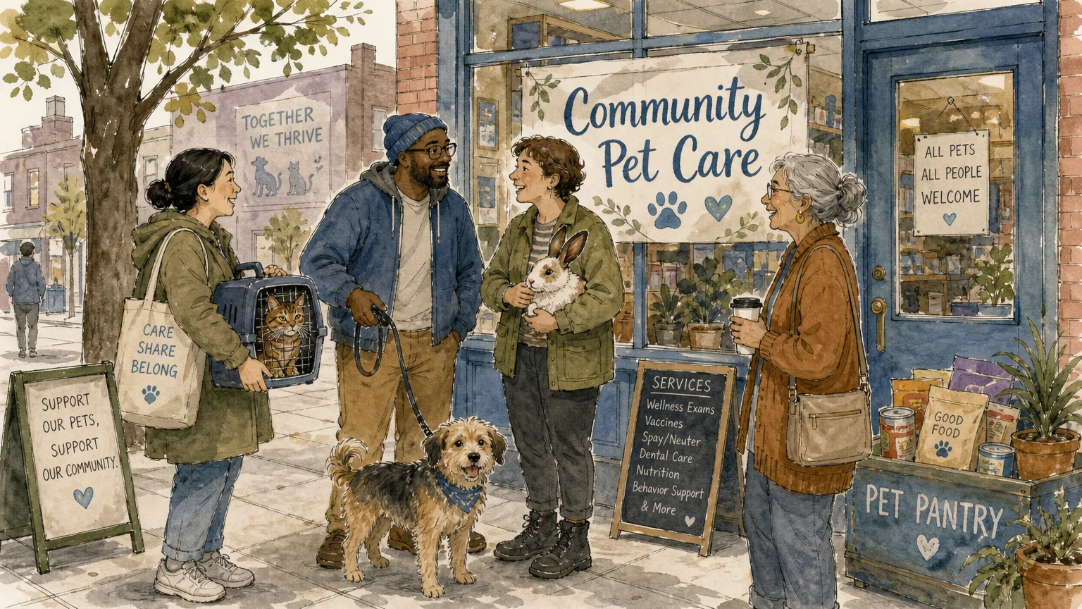 A friendly illustration of pet owners outside a community pet care clinic.