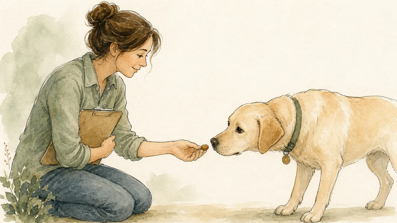 A gentle watercolor illustration showing a person offering a treat to a hesitant Labrador Retriever.