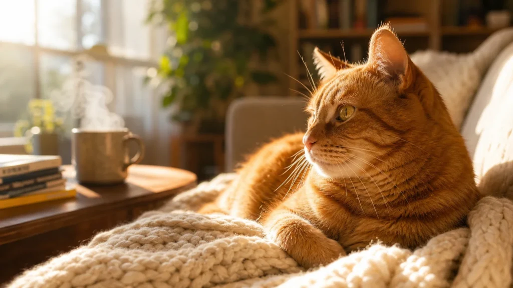 A ginger tabby cat rests on a cream wool blanket in a sunlit modern living room during golden hour.