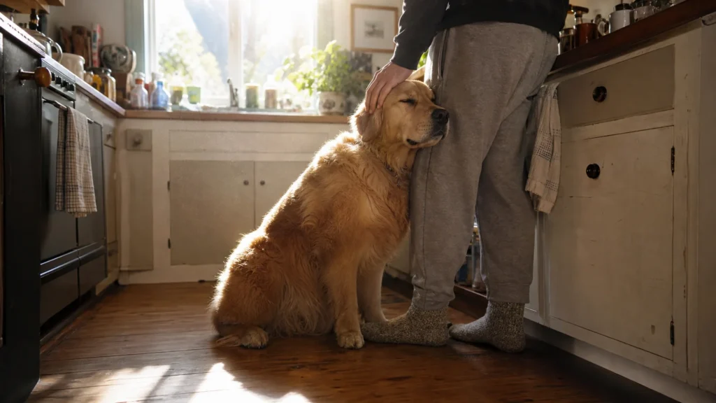 A golden retriever leans against its owner's leg in a sunlit, cozy kitchen, showing a deep physical bond.