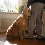 A golden retriever leans against its owner's leg in a sunlit, cozy kitchen, showing a deep physical bond.
