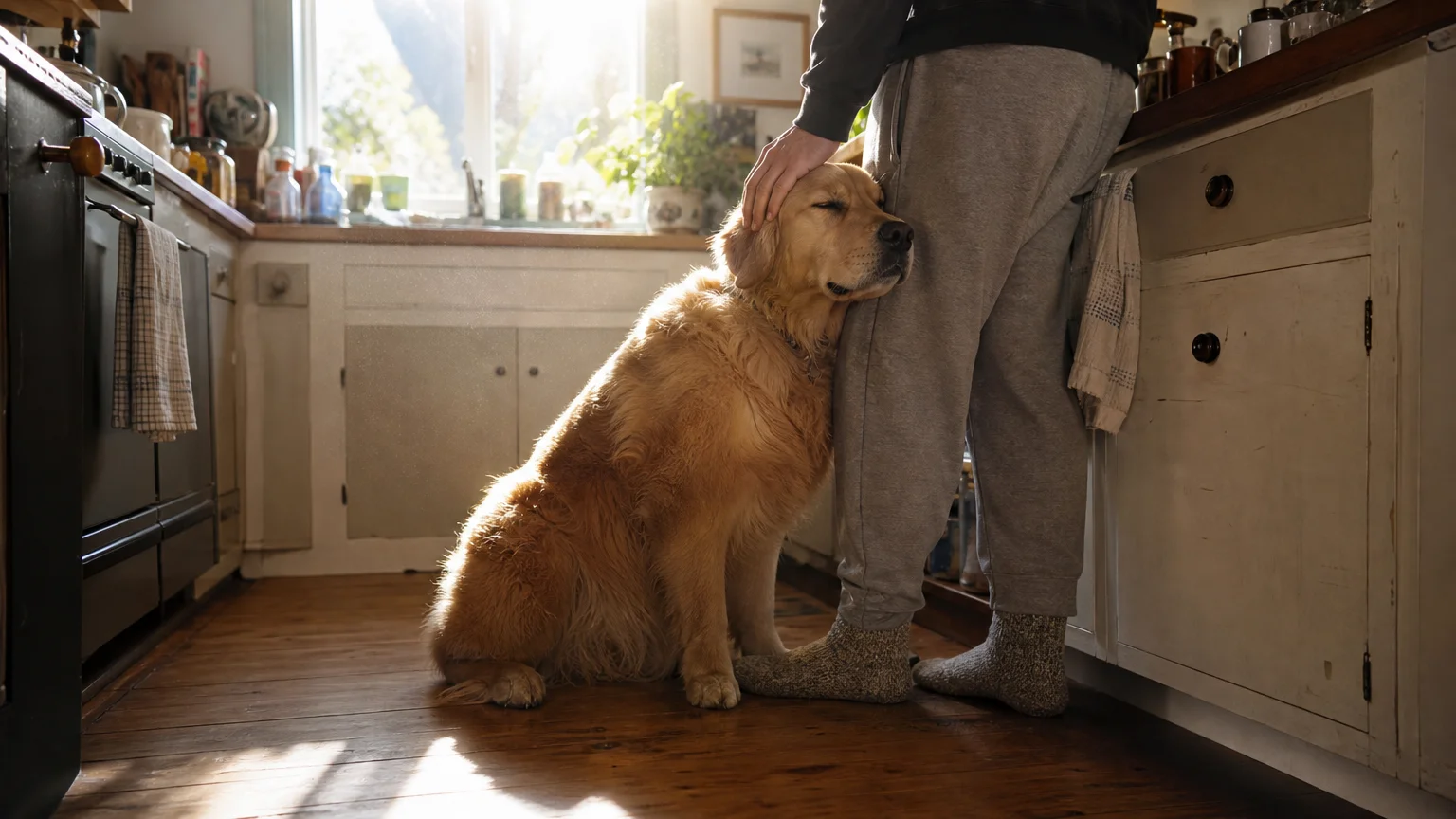 A golden retriever leans against its owner's leg in a sunlit, cozy kitchen, showing a deep physical bond.
