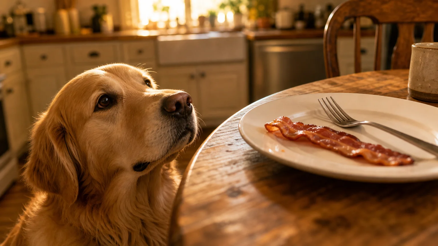 A golden retriever looking up at a plate with a strip of bacon on a wooden table, in a warm morning kitchen.