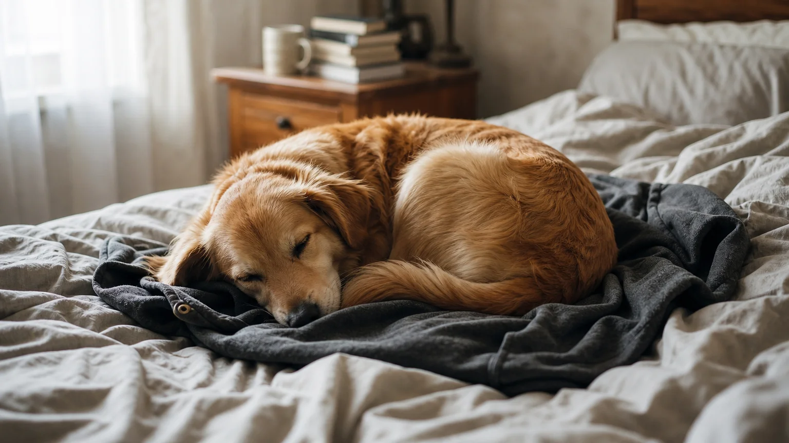 A golden retriever mix sleeps soundly, curled up in a tight circle on top of a gray hooded sweatshirt left on an unmade bed.