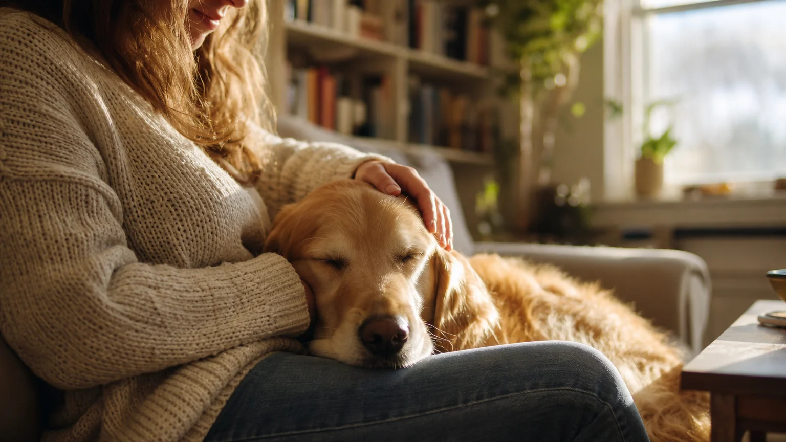 A golden retriever rests its head on its owner's lap in a warm, sunlit living room, showcasing a quiet moment of trust.