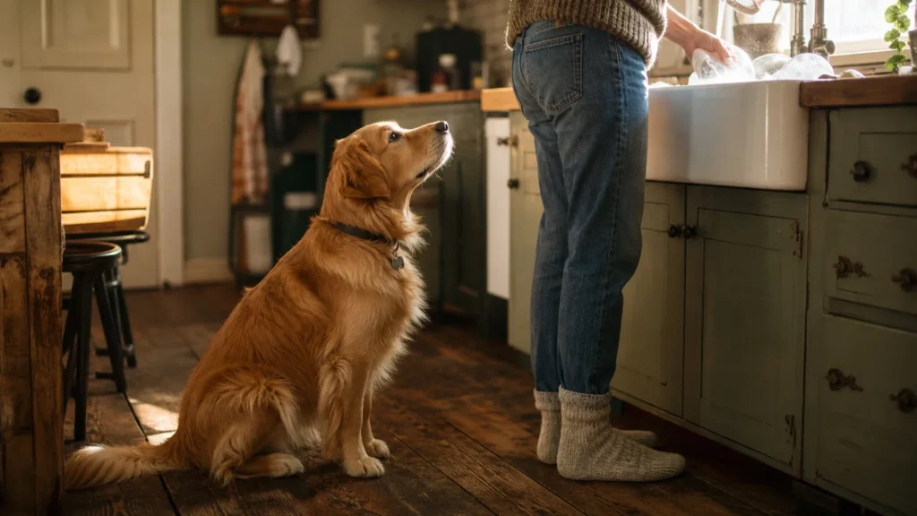 A golden retriever sits on a kitchen floor, gazing up affectionately at its owner who is washing dishes in the morning light.