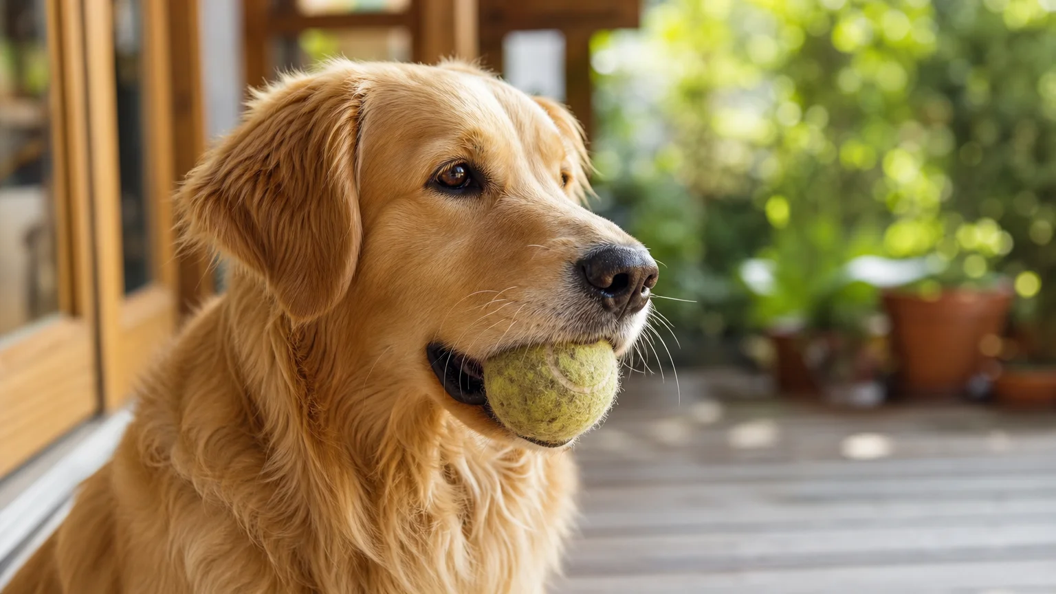 A Golden Retriever sits patiently on a wooden porch, gently holding a tennis ball in its soft mouth.