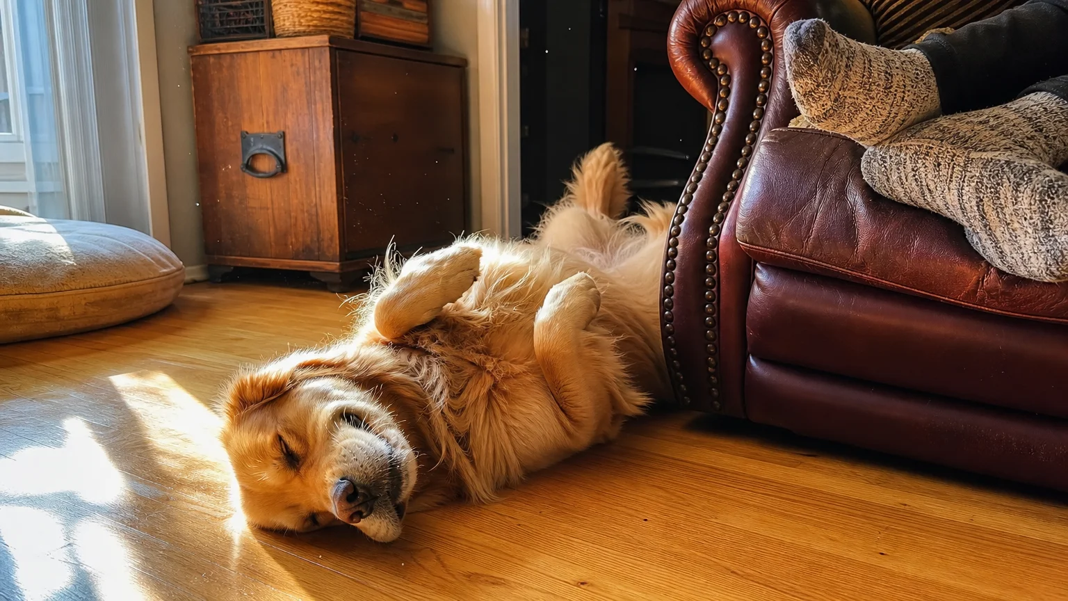A golden retriever sleeping on its back in a funny, vulnerable position on the floor next to its owner.
