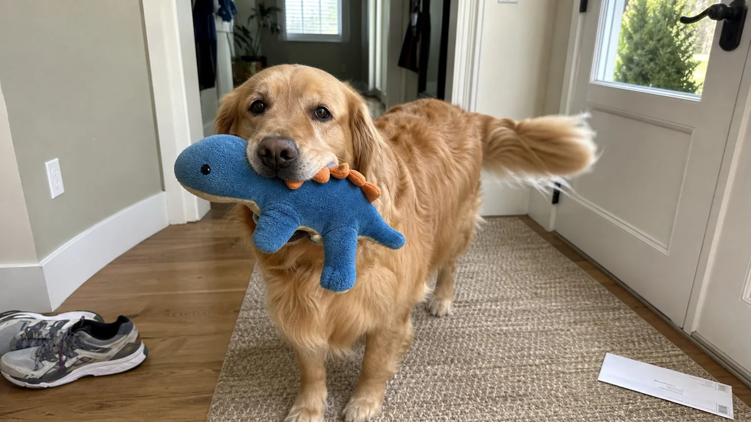 A Golden Retriever stands in a realistic home hallway holding a blue plush toy in its mouth.