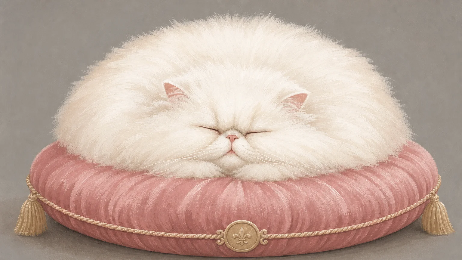A gouache illustration of a fluffy, flat-faced white Persian cat melted happily into a round pink velvet cushion.